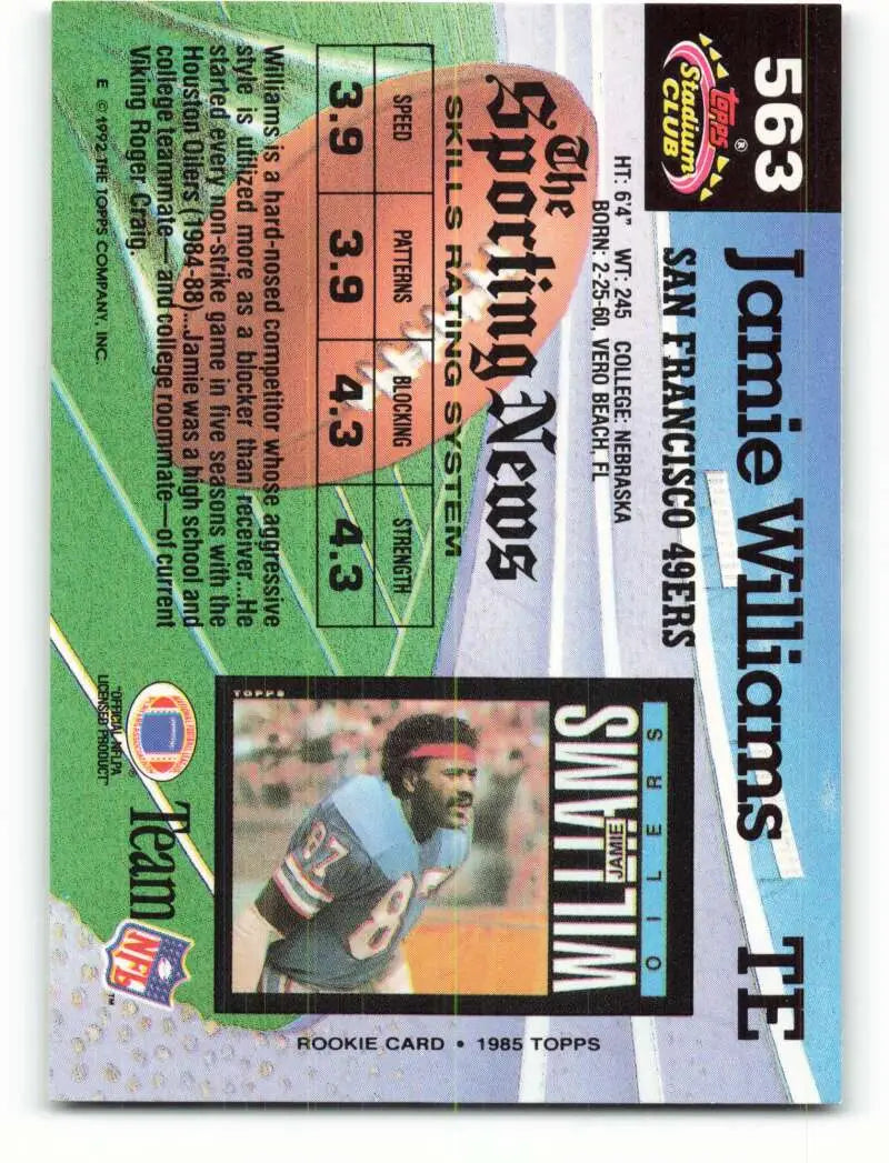 1992 Topps Stadium Club #563 Jamie Williams EX Excellent San Francisco 49ers Football Card - Football Card Single