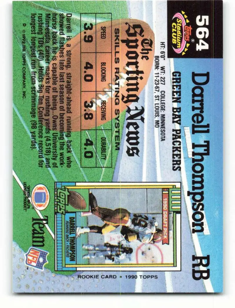 1992 Topps Stadium Club #564 Darrell Thompson EX Excellent Green Bay Packers Football Card - Football Card Single