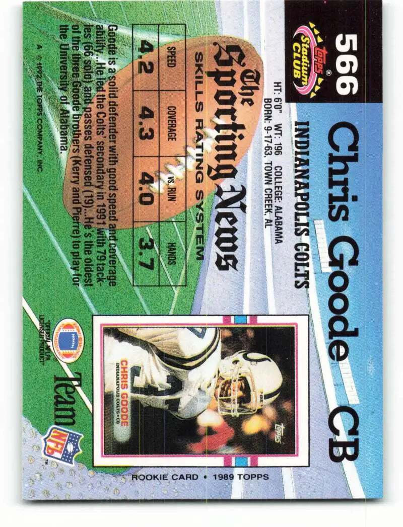 1992 Topps Stadium Club #566 Chris Goode EX Excellent Indianapolis Colts Football Card - Football Card Single