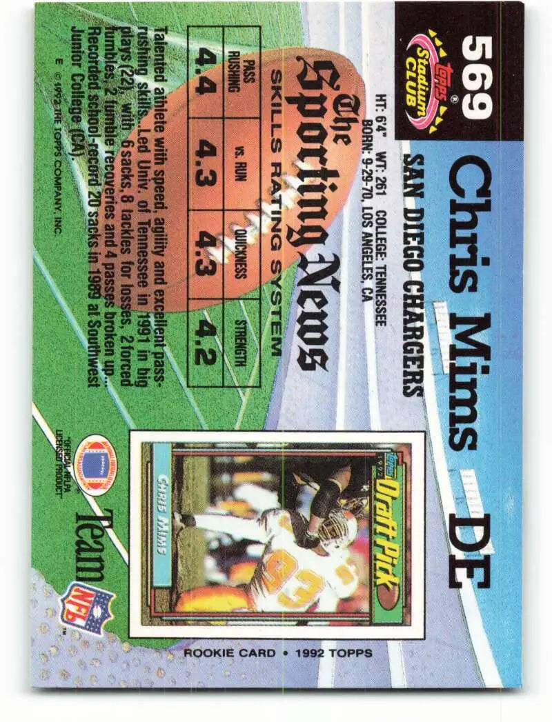 1992 Topps Stadium Club #569 Chris Mims EX Excellent RC Rookie San Diego Chargers Football Card - Football Card Single