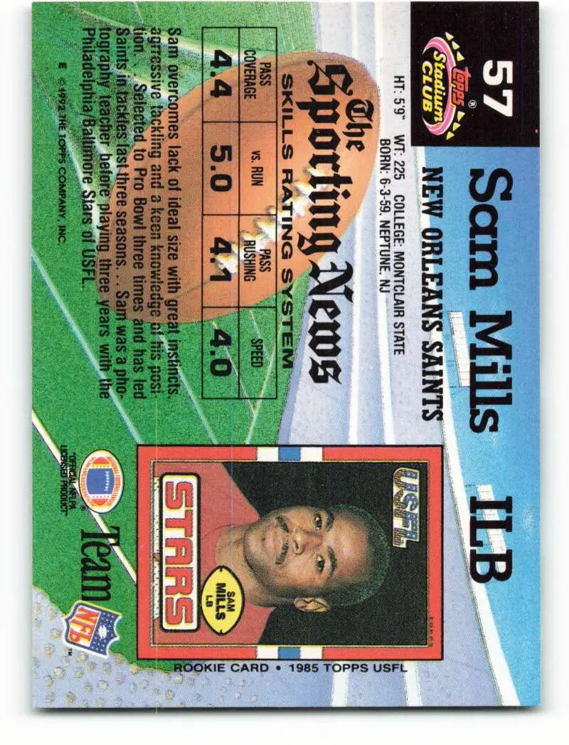 1992 Topps Stadium Club #57 Sam Mills EX Excellent New Orleans Saints Football Card - Football Card Single