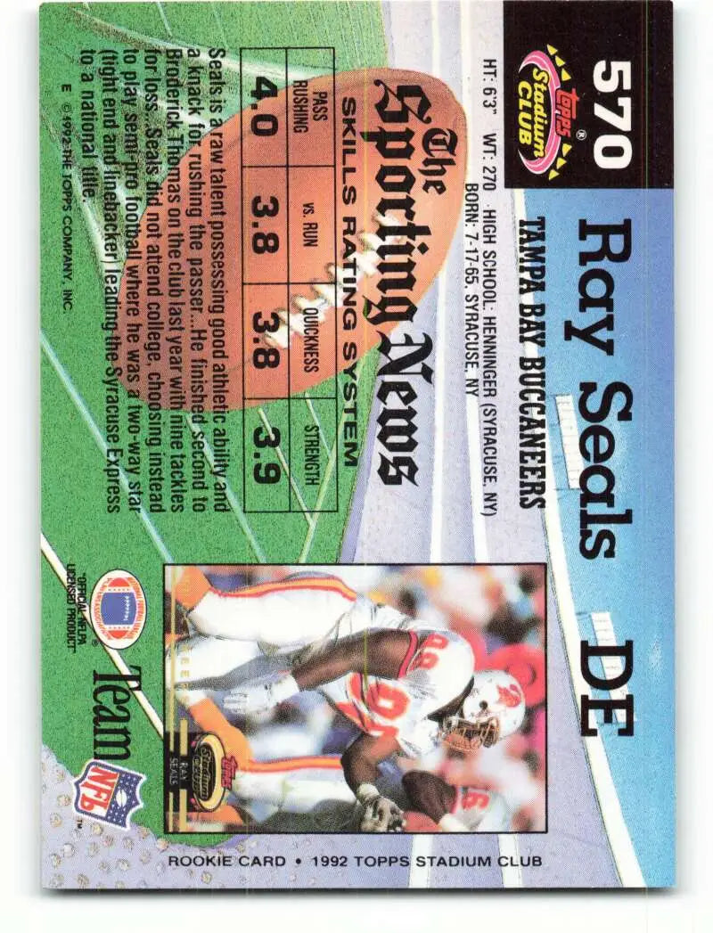 1992 Topps Stadium Club #570 Ray Seals EX Excellent RC Rookie Tampa Bay Buccaneers Football Card - Football Card Single