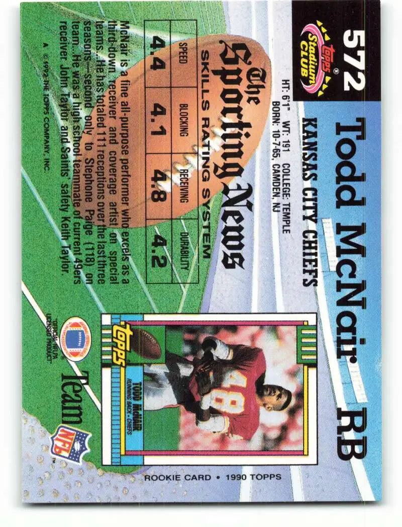 1992 Topps Stadium Club #572 Todd McNair EX Excellent Kansas City Chiefs Football Card - Football Card Single