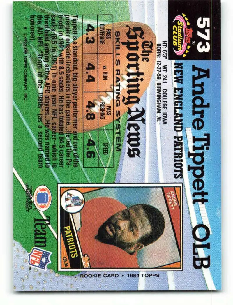 1992 Topps Stadium Club #573 Andre Tippett EX Excellent New England Patriots Football Card - Football Card Single