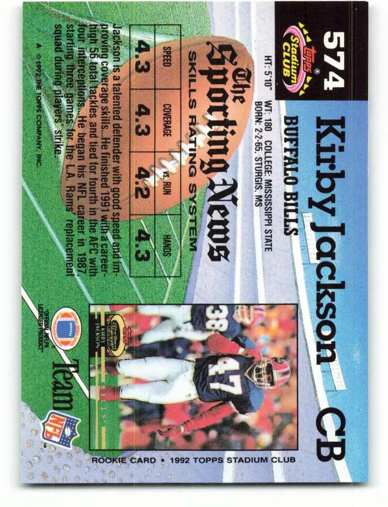 1992 Topps Stadium Club #574 Kirby Jackson EX Excellent Buffalo Bills Football Card - Football Card Single
