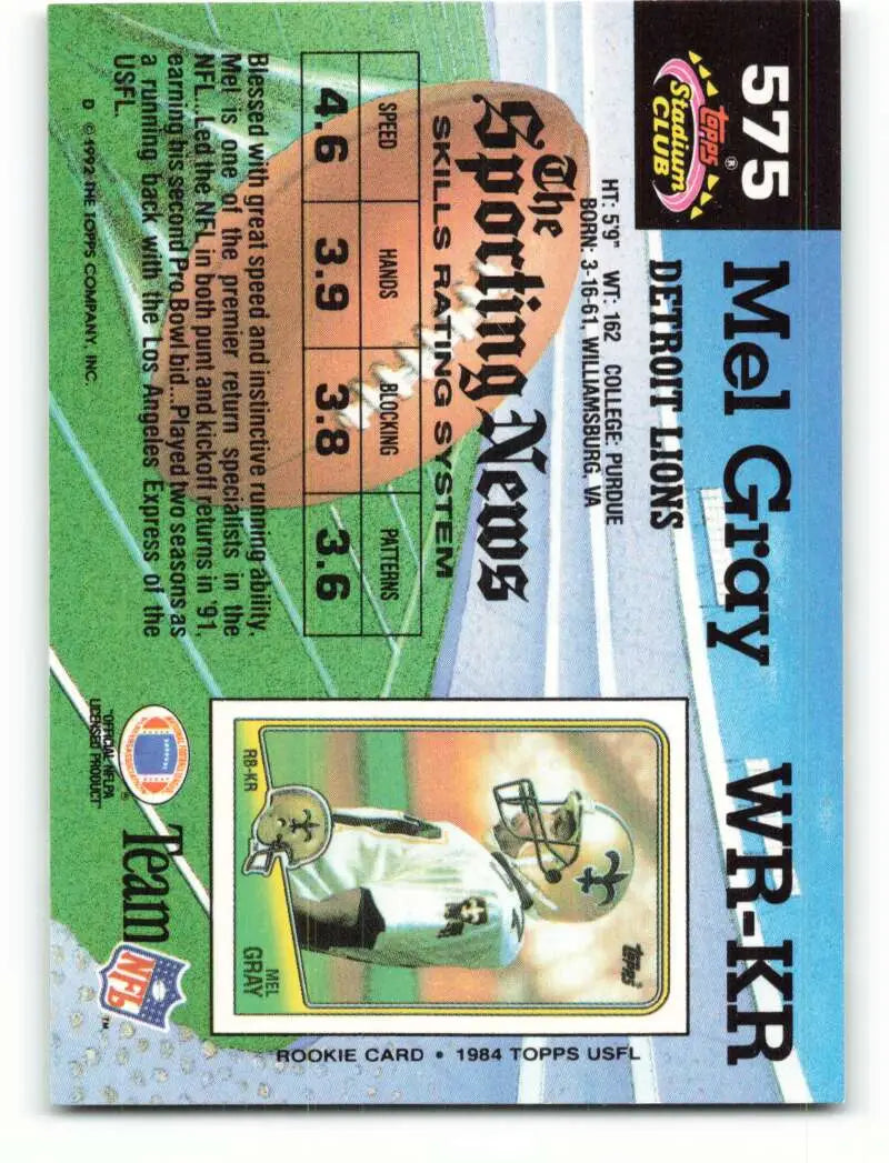 1992 Topps Stadium Club #575 Mel Gray EX Excellent Detroit Lions Football Card - Football Card Single
