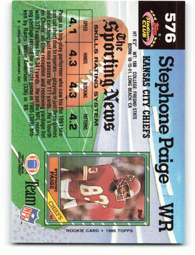 1992 Topps Stadium Club #576 Stephone Paige EX Excellent Kansas City Chiefs Football Card