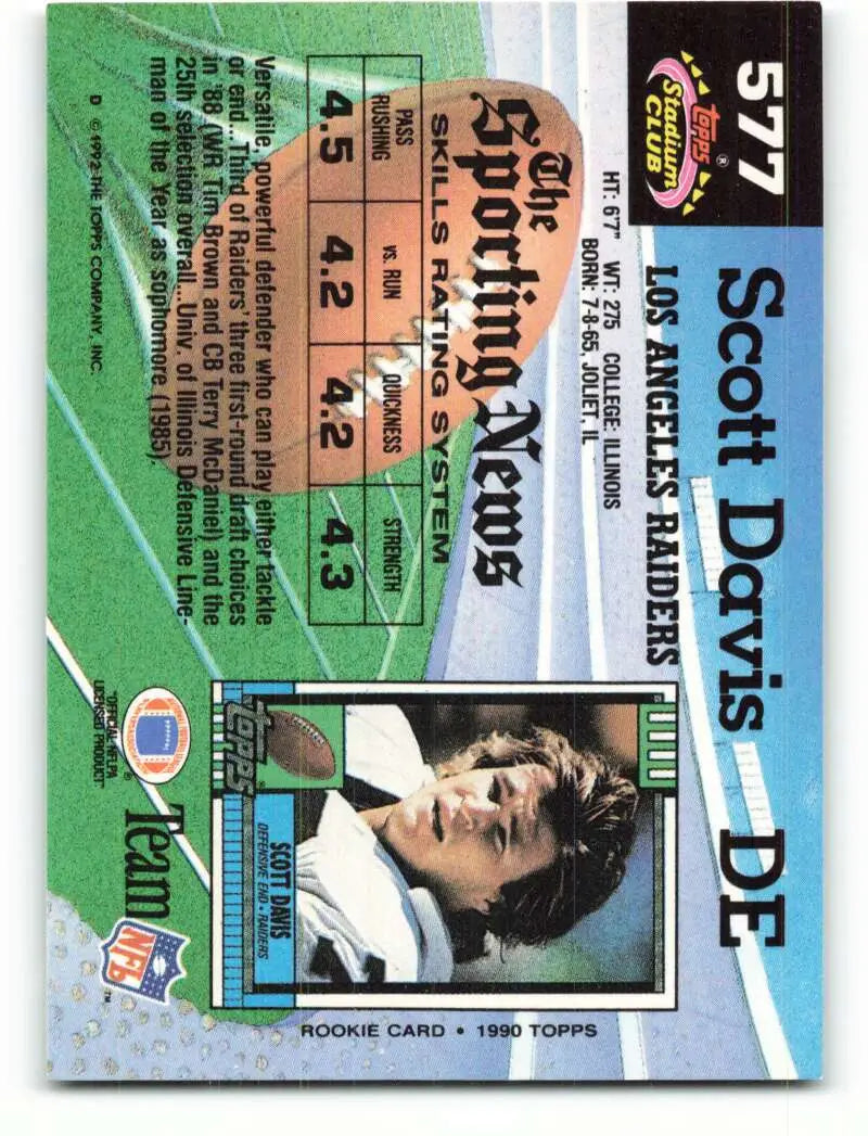 1992 Topps Stadium Club #577 Scott Davis EX Excellent Los Angeles Raiders Football Card - Football Card Single