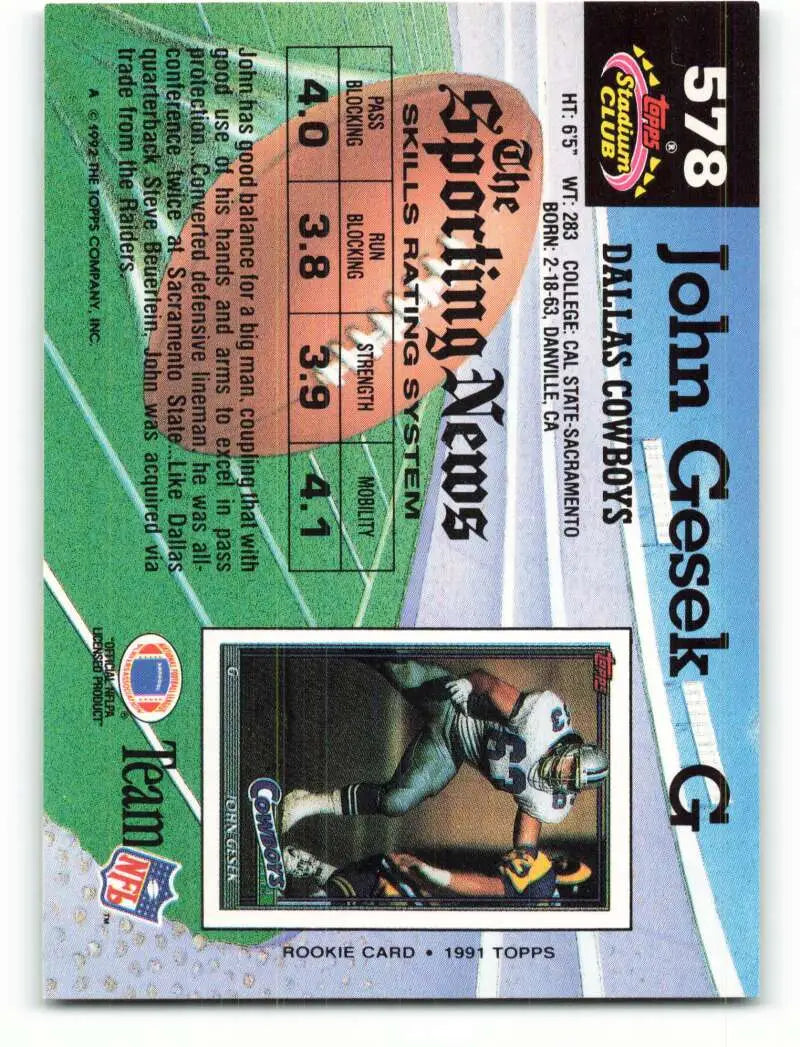 1992 Topps Stadium Club #578 John Gesek EX Excellent Dallas Cowboys Football Card