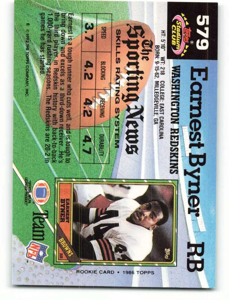 1992 Topps Stadium Club #579 Earnest Byner EX Excellent Washington Redskins Football Card - Football Card Single