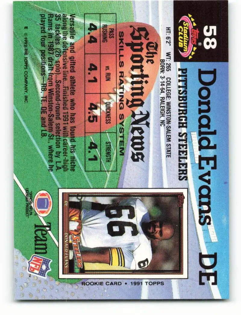 1992 Topps Stadium Club #58 Donald Evans EX Excellent Pittsburgh Steelers Football Card - Football Card Single