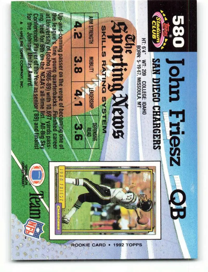 1992 Topps Stadium Club #580 John Friesz EX Excellent San Diego Chargers Football Card - Football Card Single