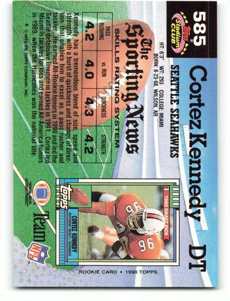 1992 Topps Stadium Club #585 Cortez Kennedy EX Excellent Seattle Seahawks Football Card - Football Card Single