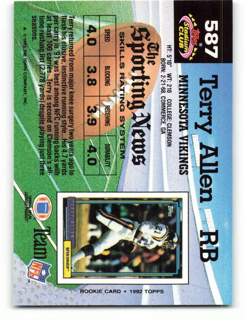 1992 Topps Stadium Club #587 Terry Allen EX Excellent Minnesota Vikings Football Card - Football Card Single