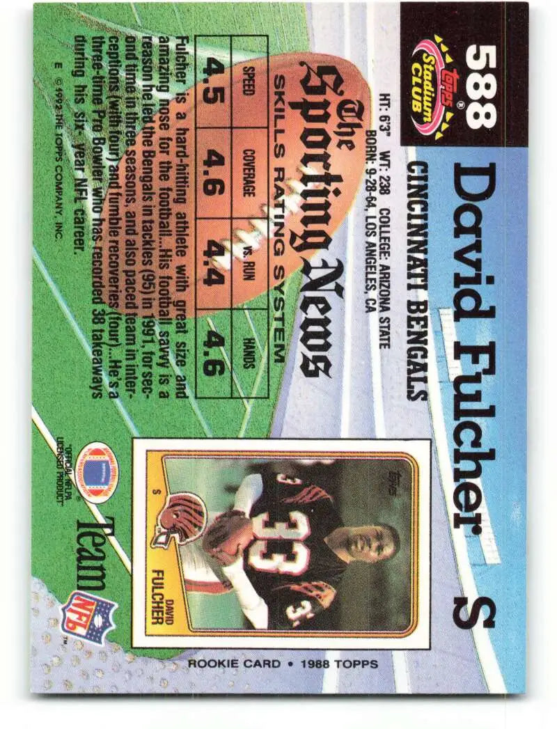 1992 Topps Stadium Club #588 David Fulcher EX Excellent Cincinnati Bengals Football Card - Football Card Single