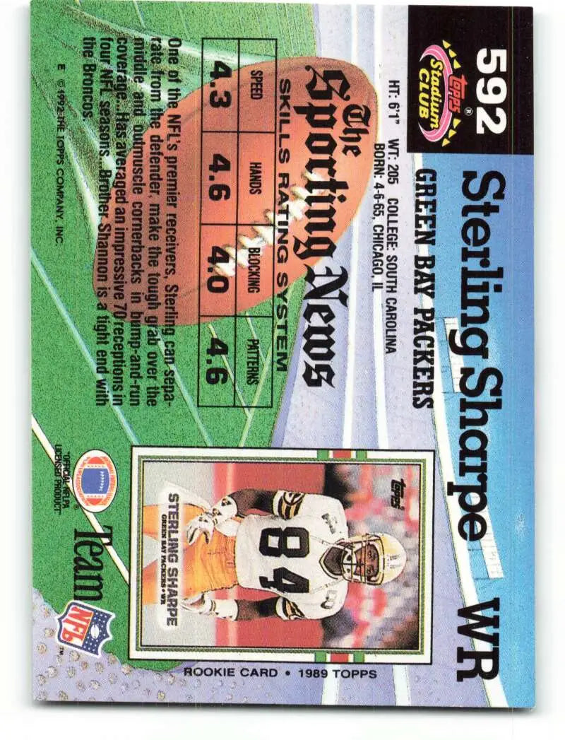 1992 Topps Stadium Club #592 Sterling Sharpe EX Excellent Green Bay Packers Football Card - Football Card Single