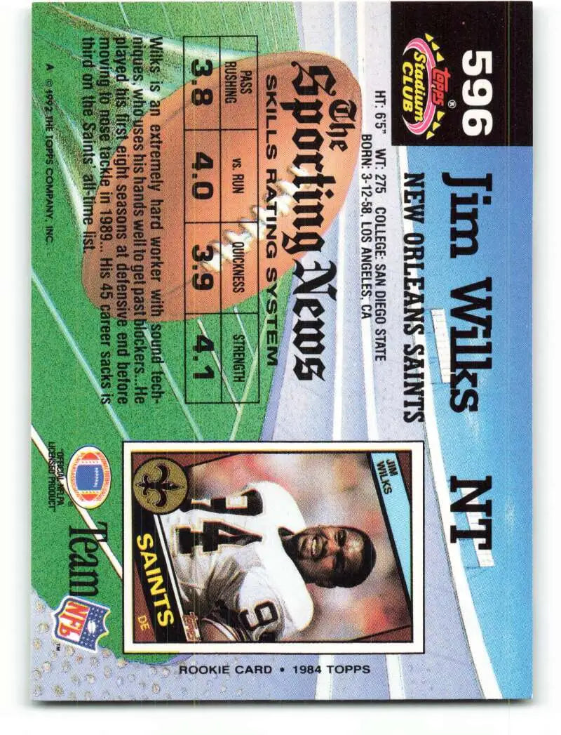 1992 Topps Stadium Club #596 Jim Wilks EX Excellent New Orleans Saints Football Card - Football Card Single