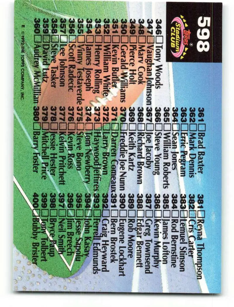 1992 Topps Stadium Club #598 Checklist 301-400 EX Excellent Football Card - Football Card Single