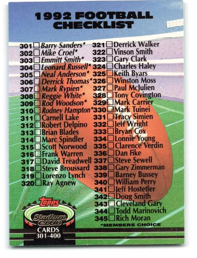 1992 Topps Stadium Club #598 Checklist 301-400 EX Excellent Football Card - Football Card Single