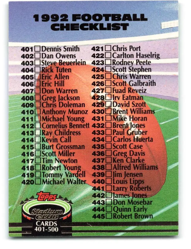 1992 Topps Stadium Club #599 Checklist 401-500 EX Excellent Football Card - Football Card Single