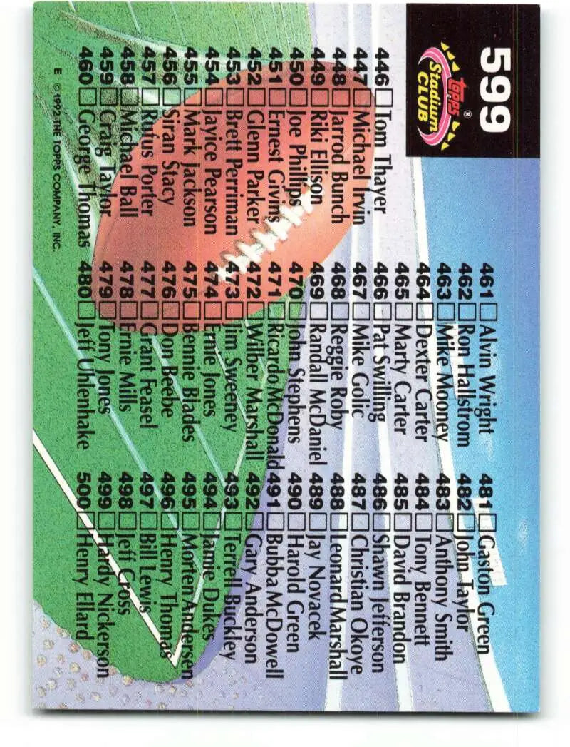 1992 Topps Stadium Club #599 Checklist 401-500 EX Excellent Football Card - Football Card Single