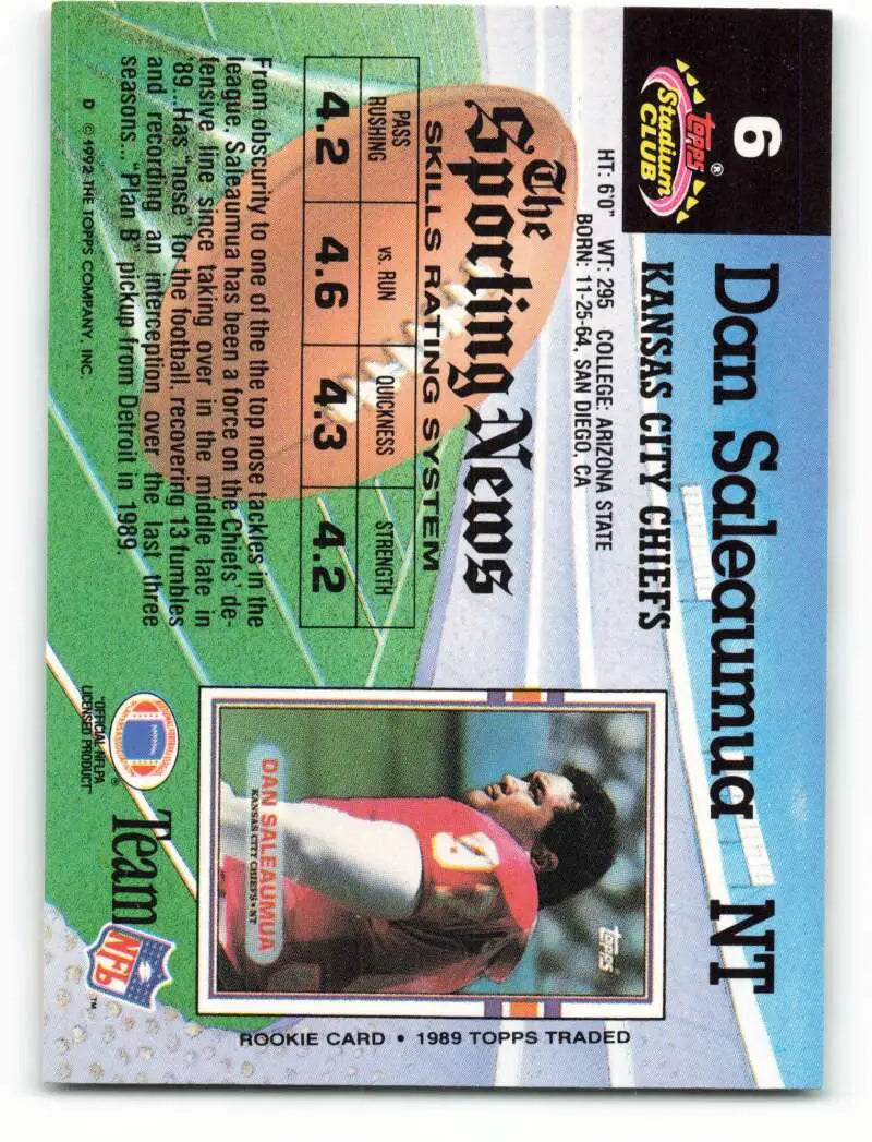 1992 Topps Stadium Club #6 Dan Saleaumua EX Excellent Kansas City Chiefs Football Card - Football Card Single