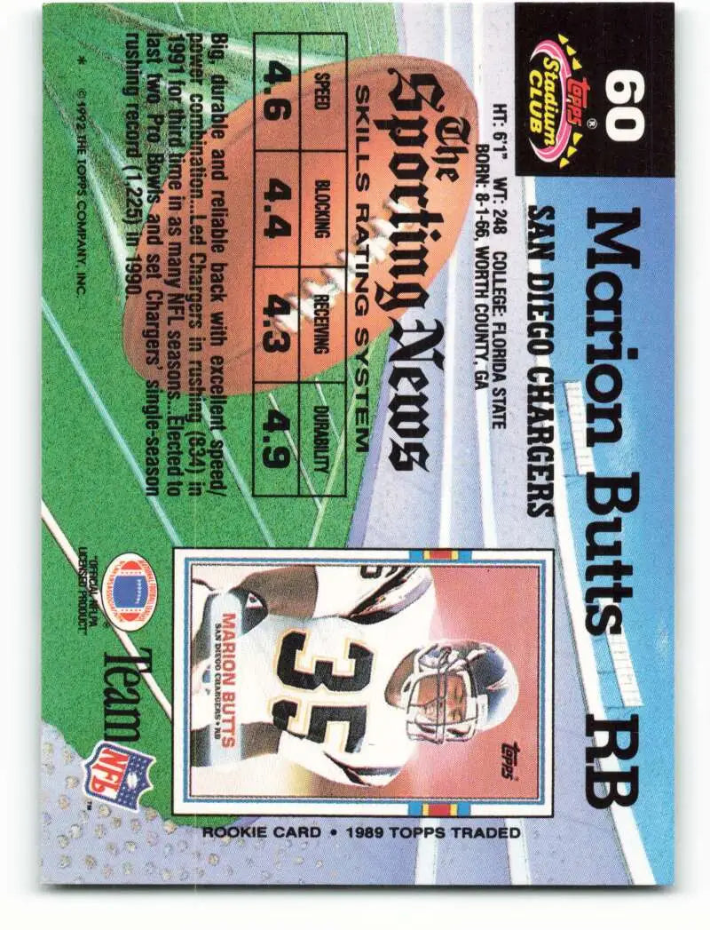 1992 Topps Stadium Club #60 Marion Butts EX Excellent San Diego Chargers Football Card - Football Card Single