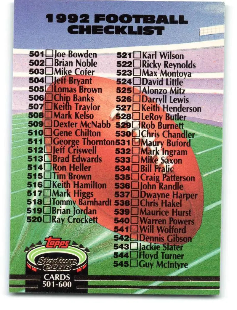 1992 Topps Stadium Club #600 Checklist 501-600 EX Excellent Football Card - Football Card Single