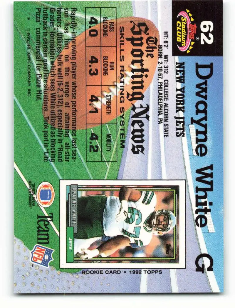 1992 Topps Stadium Club #62 Dwayne White EX Excellent RC Rookie New York Jets Football Card - Football Card Single