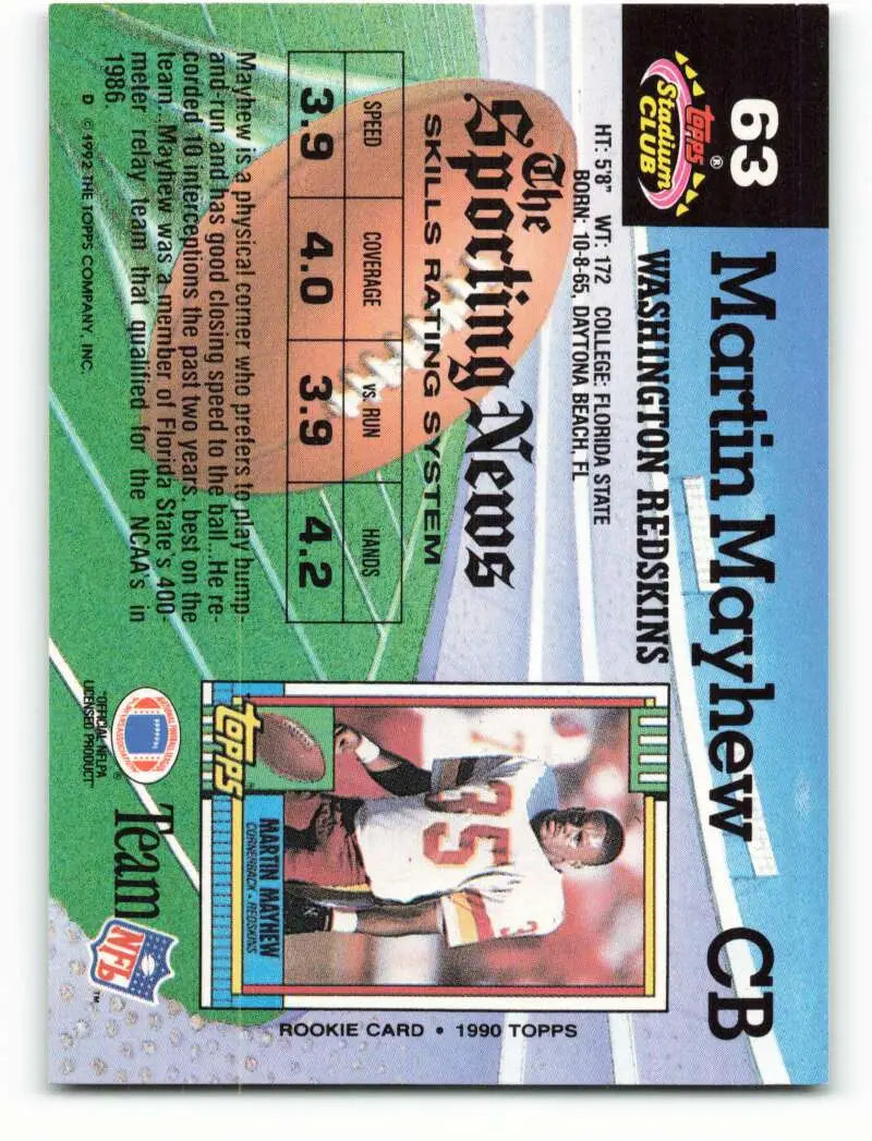 1992 Topps Stadium Club #63 Martin Mayhew EX Excellent Washington Redskins Football Card