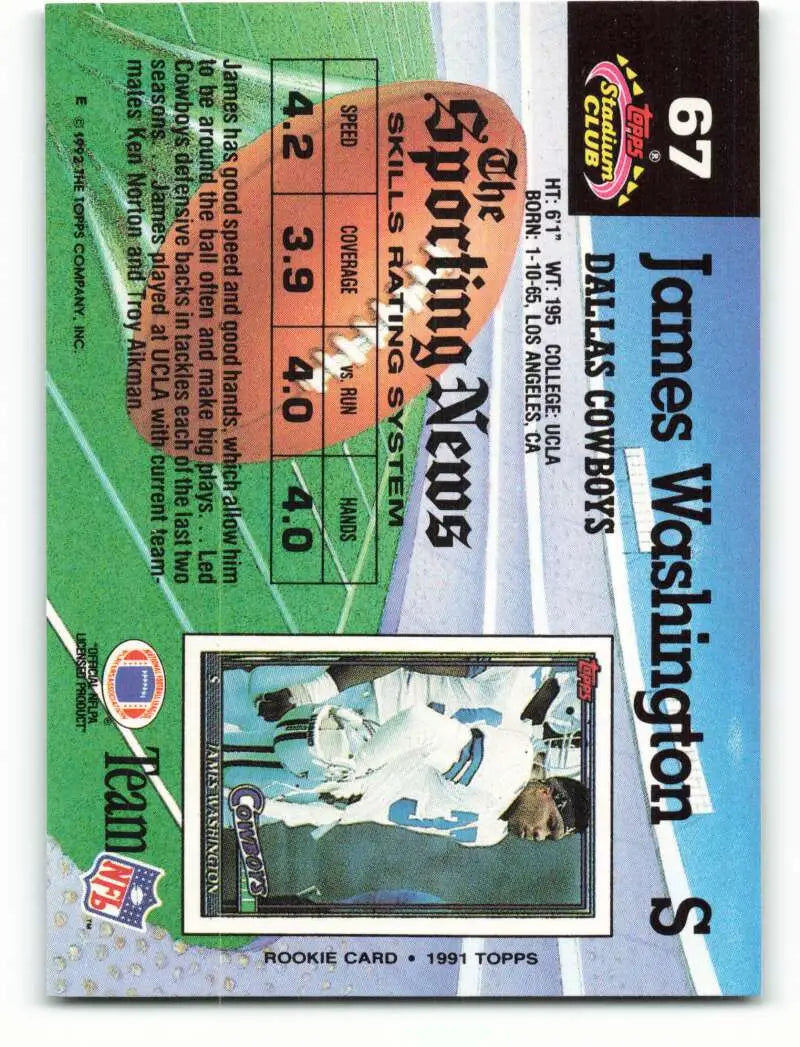 1992 Topps Stadium Club #67 James Washington EX Excellent Dallas Cowboys Football Card - Football Card Single