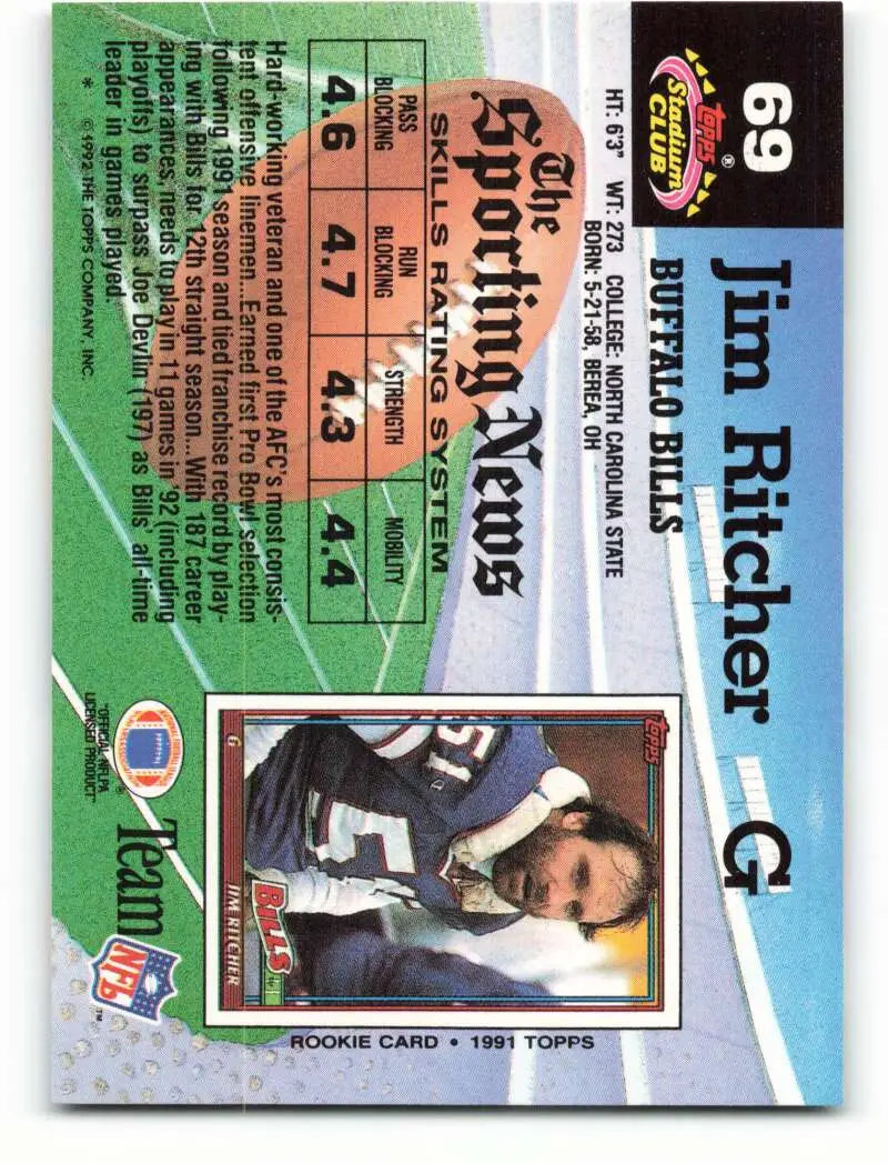 1992 Topps Stadium Club #69 Jim Ritcher EX Excellent Buffalo Bills Football Card - Football Card Single