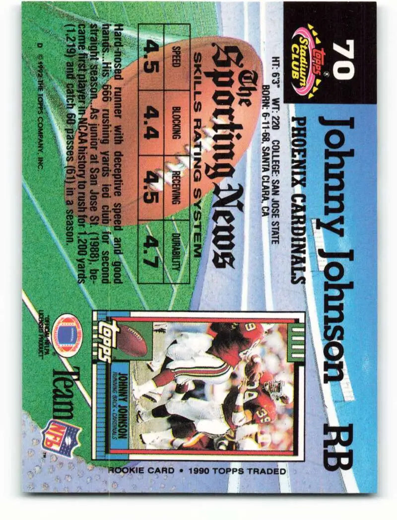 1992 Topps Stadium Club #70 Johnny Johnson EX Excellent Phoenix Cardinals Football Card - Football Card Single