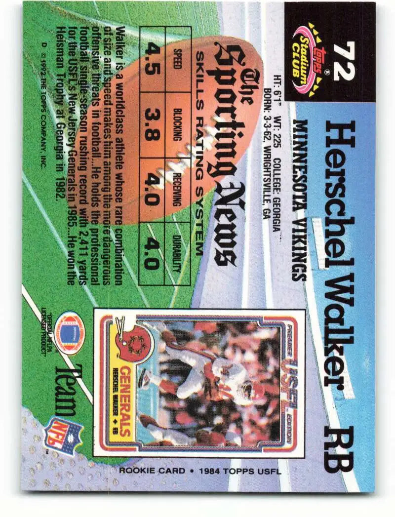 1992 Topps Stadium Club #72 Herschel Walker EX Excellent Minnesota Vikings Football Card - Football Card Single