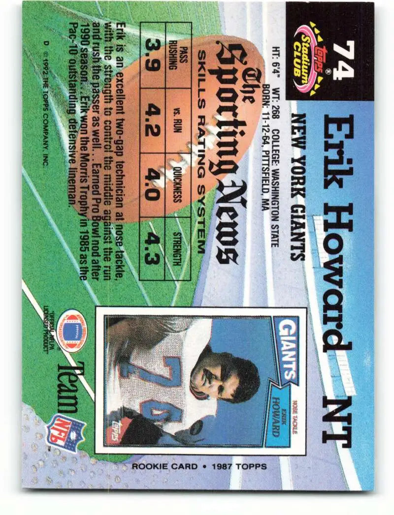 1992 Topps Stadium Club #74 Erik Howard EX Excellent New York Giants Football Card - Football Card Single