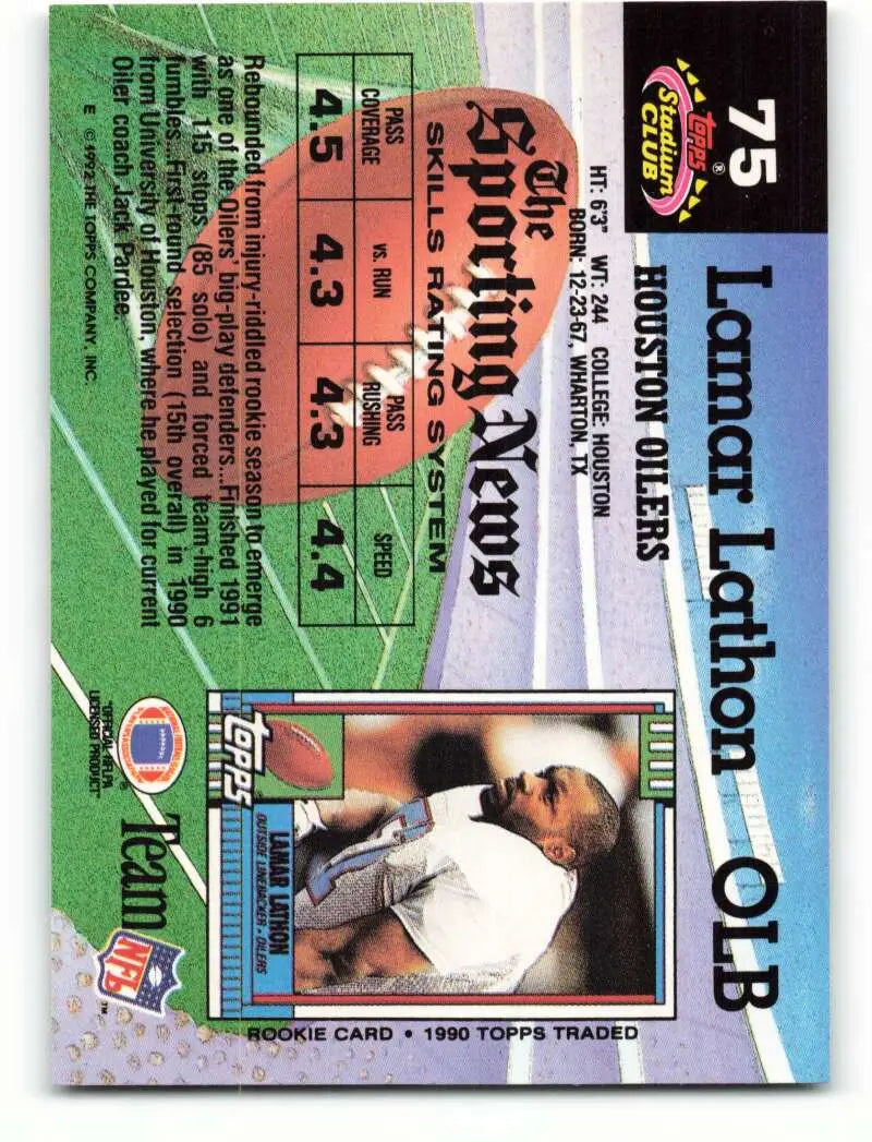 1992 Topps Stadium Club #75 Lamar Lathon EX Excellent Houston Oilers Football Card - Football Card Single