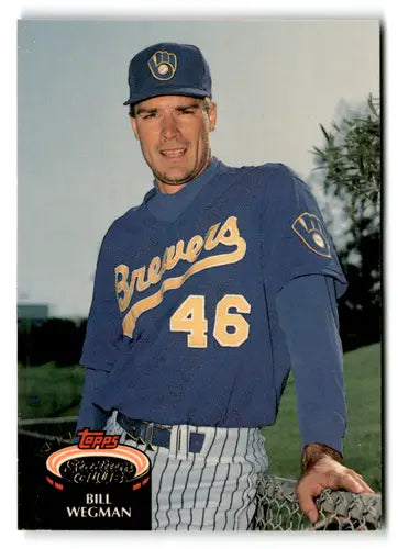 Original gloss 1992 Topps Stadium Club Bill Wegman Brewers baseball card with team logo
