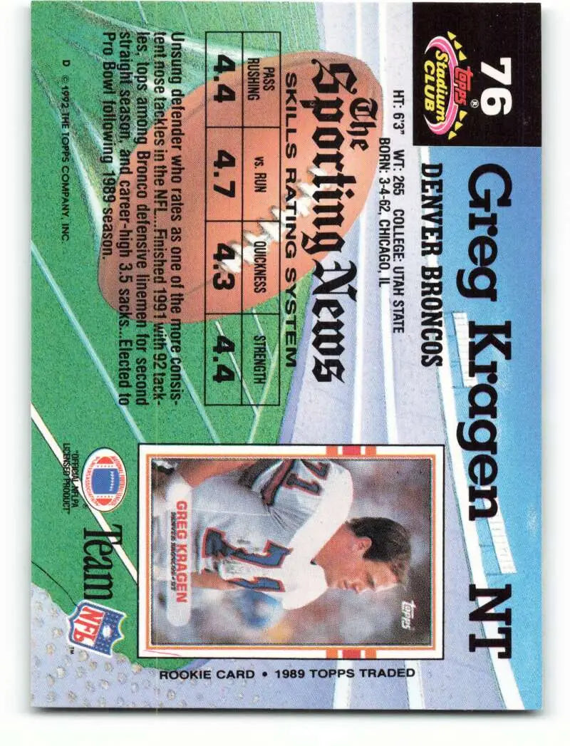 1992 Topps Stadium Club #76 Greg Kragen EX Excellent Denver Broncos Football Card - Football Card Single