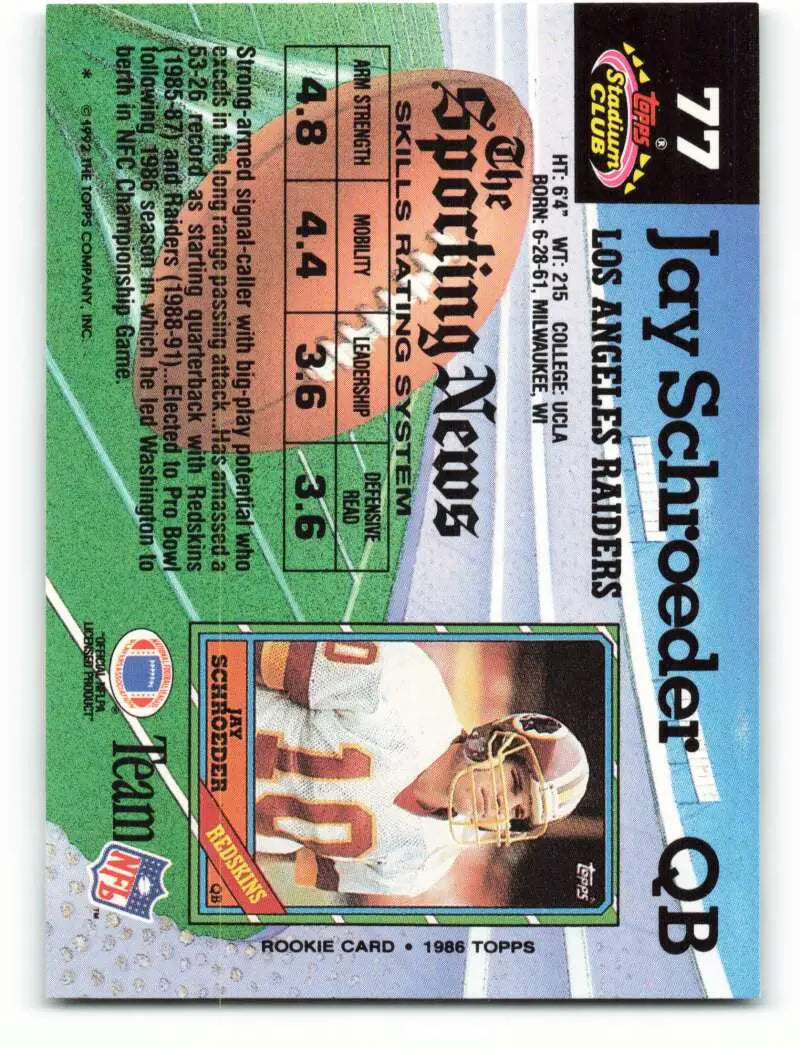 1992 Topps Stadium Club #77 Jay Schroeder EX Excellent Los Angeles Raiders Football Card - Football Card Single
