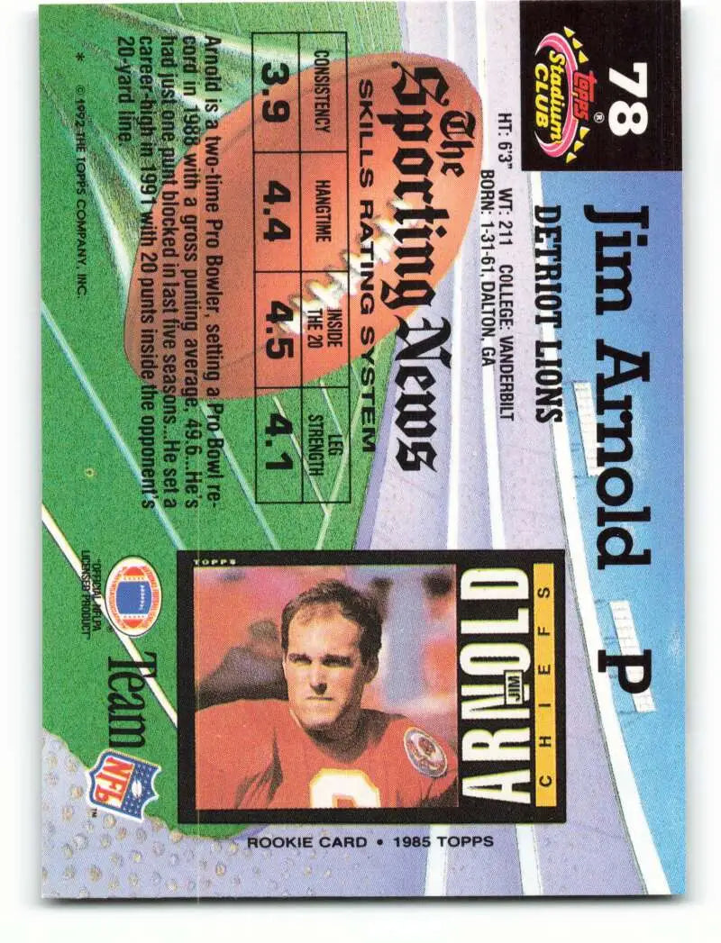 1992 Topps Stadium Club #78 Jim Arnold EX Excellent Detroit Lions Football Card - Football Card Single