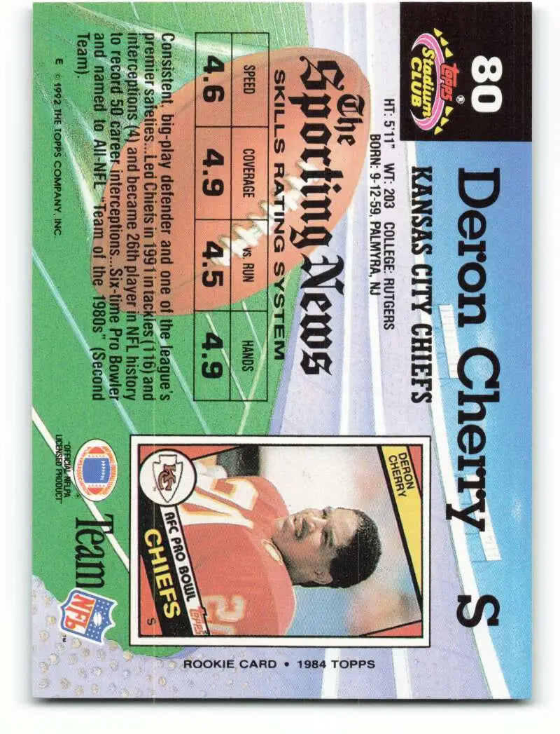 1992 Topps Stadium Club #80 Deron Cherry EX Excellent Kansas City Chiefs Football Card - Football Card Single