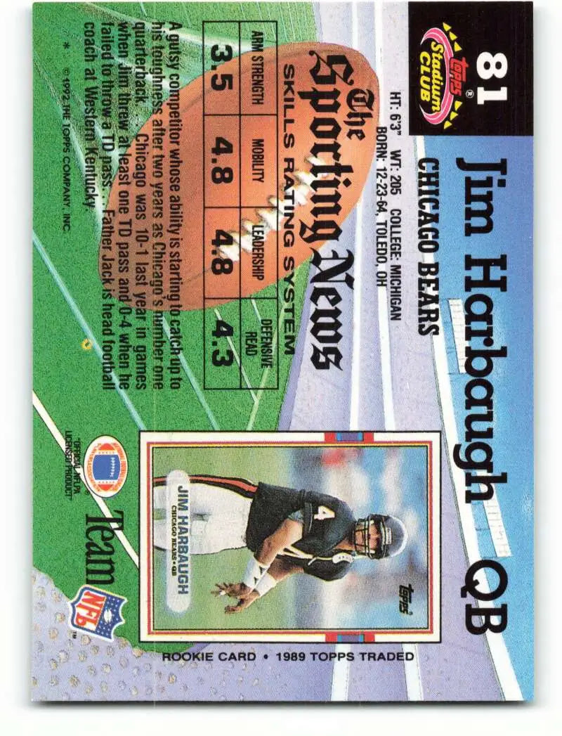 1992 Topps Stadium Club #81 Jim Harbaugh EX Excellent Chicago Bears Football Card - Football Card Single