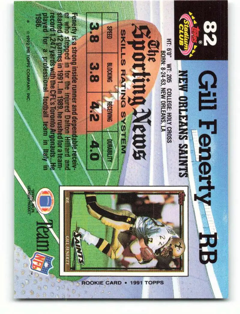 1992 Topps Stadium Club #82 Gill Fenerty EX Excellent New Orleans Saints Football Card