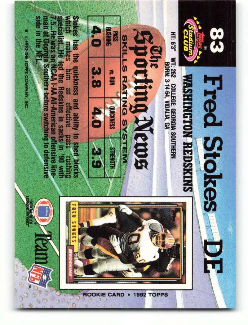 1992 Topps Stadium Club #83 Fred Stokes EX Excellent Washington Redskins Football Card - Football Card Single