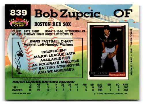 Original gloss Baseball trading card for Bob Zupcic from Topps Stadium Club Rookie Red Sox