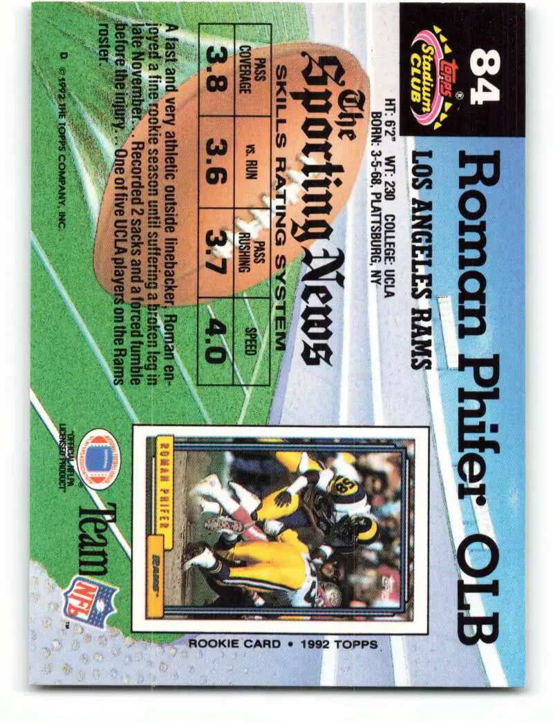 1992 Topps Stadium Club #84 Roman Phifer EX Excellent Los Angeles Rams Football Card - Football Card Single