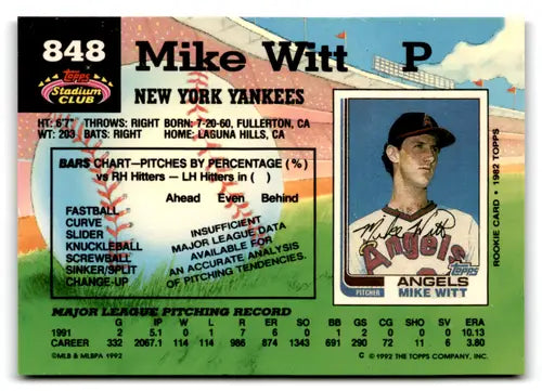 Original gloss Baseball trading card of Mike Witt from Topps Stadium Club 1992