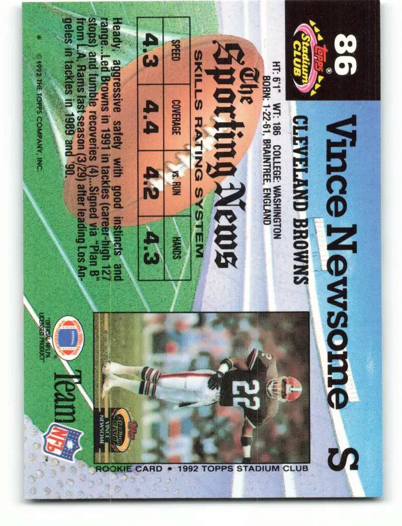 1992 Topps Stadium Club #86 Vince Newsome EX Excellent Cleveland Browns Football Card
