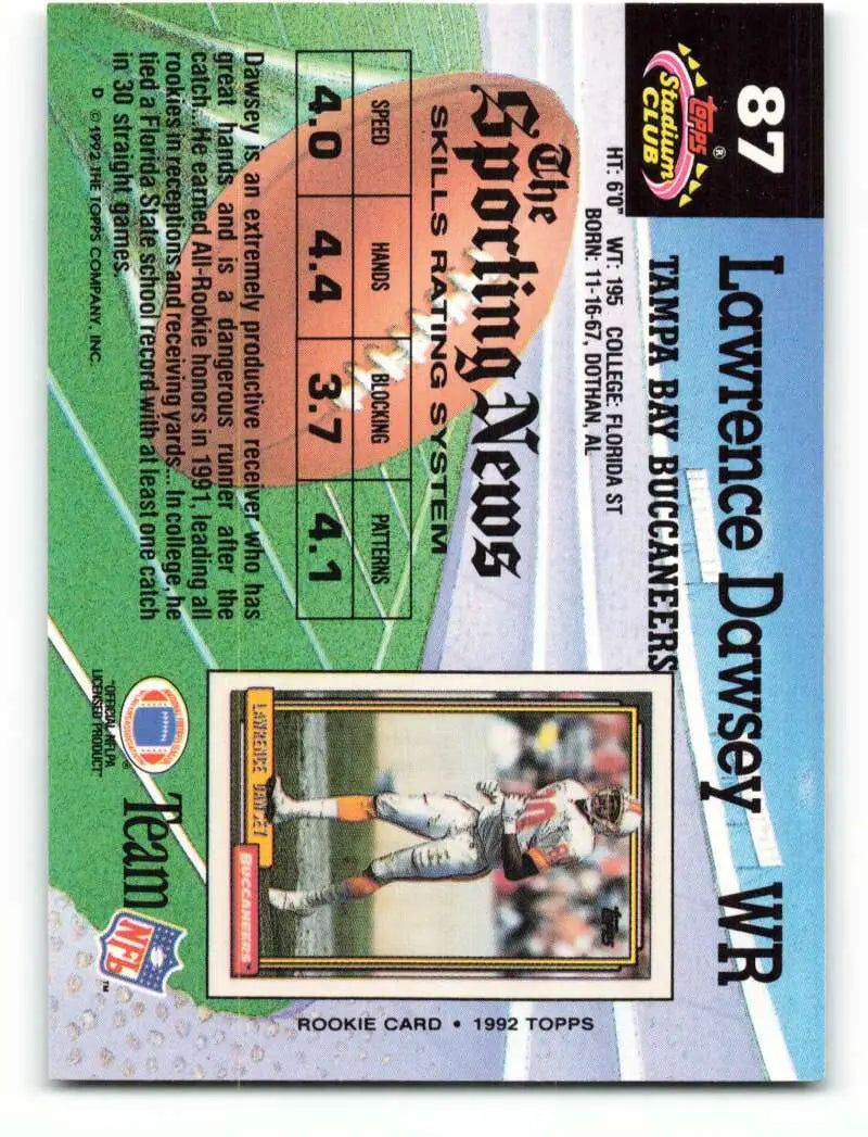 1992 Topps Stadium Club #87 Lawrence Dawsey EX Excellent Tampa Bay Buccaneers Football Card - Football Card Single