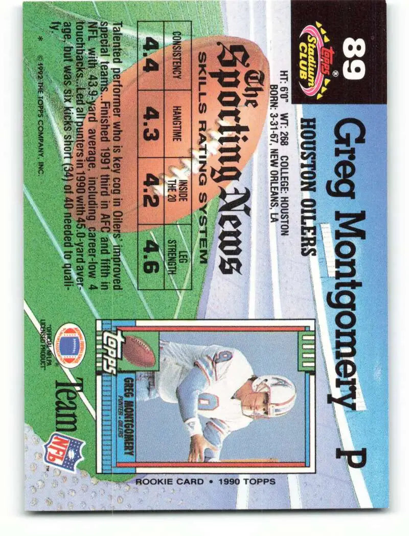 1992 Topps Stadium Club #89 Greg Montgomery EX Excellent Houston Oilers Football Card - Football Card Single
